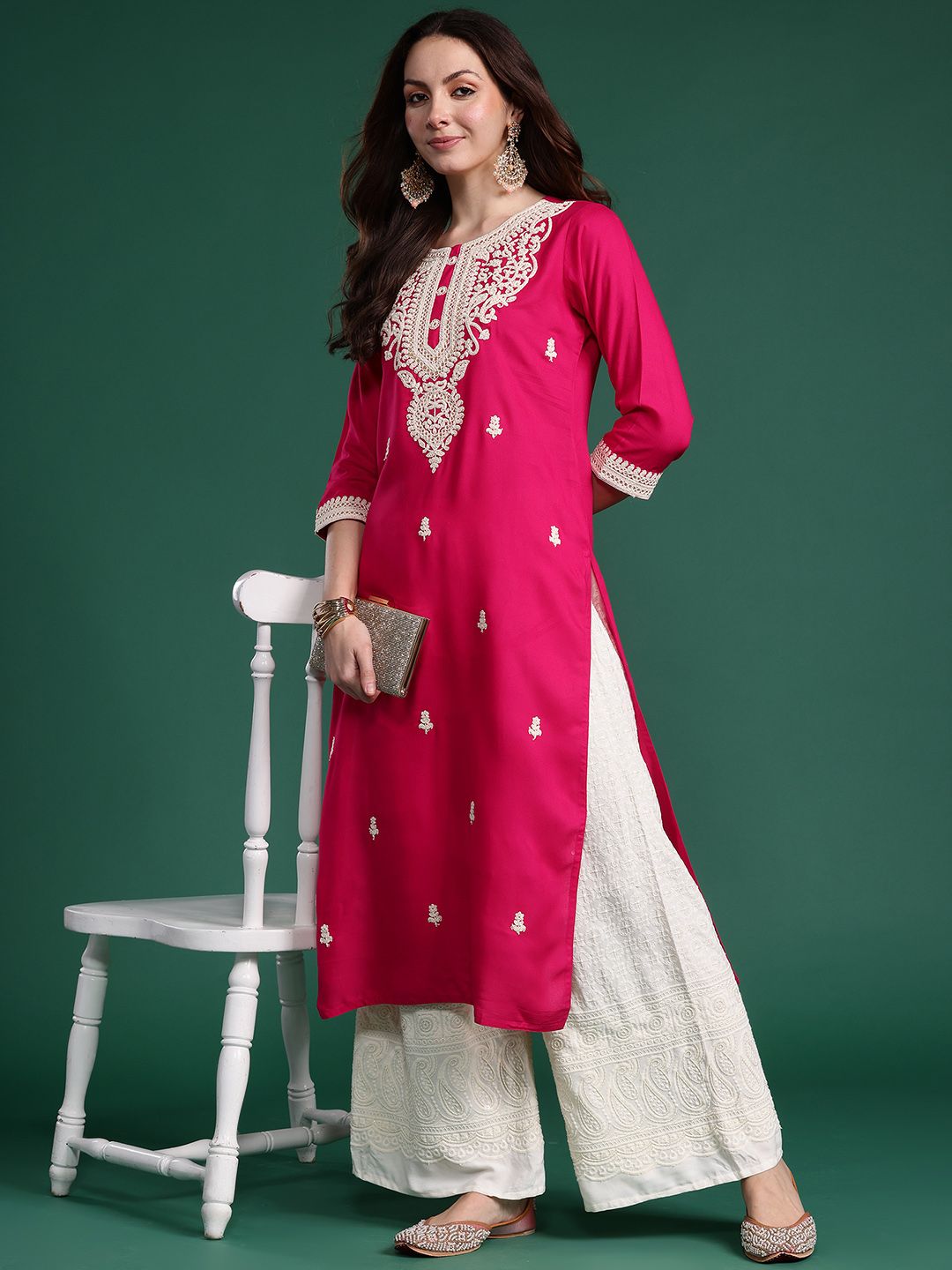 Indo Era Women Floral Embroidered Thread Work Kurta