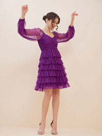 Antheaa Puff Sleeve Layered Net Fit & Flare Dress
