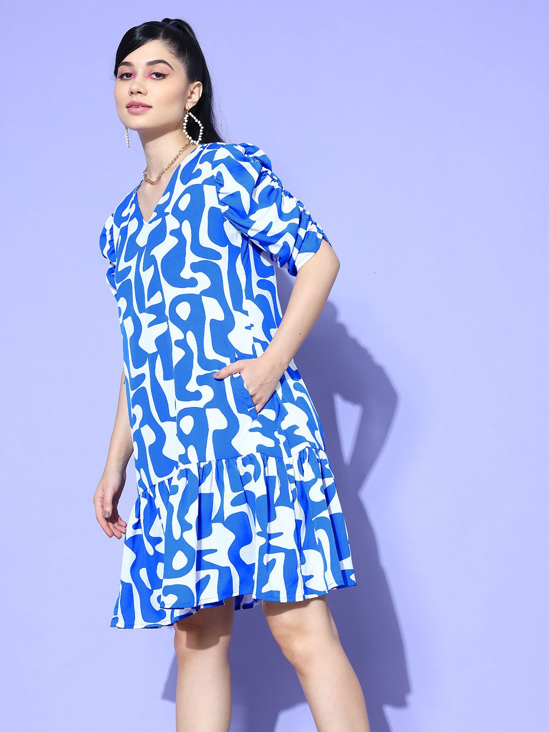 Antheaa Printed Puff Sleeve Crepe A-Line Dress