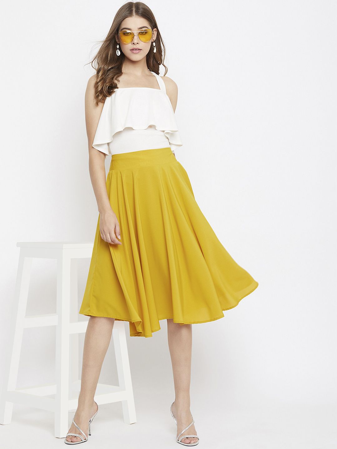 Berrylush Mustard Yellow Pleated Flared A-Line Skirt