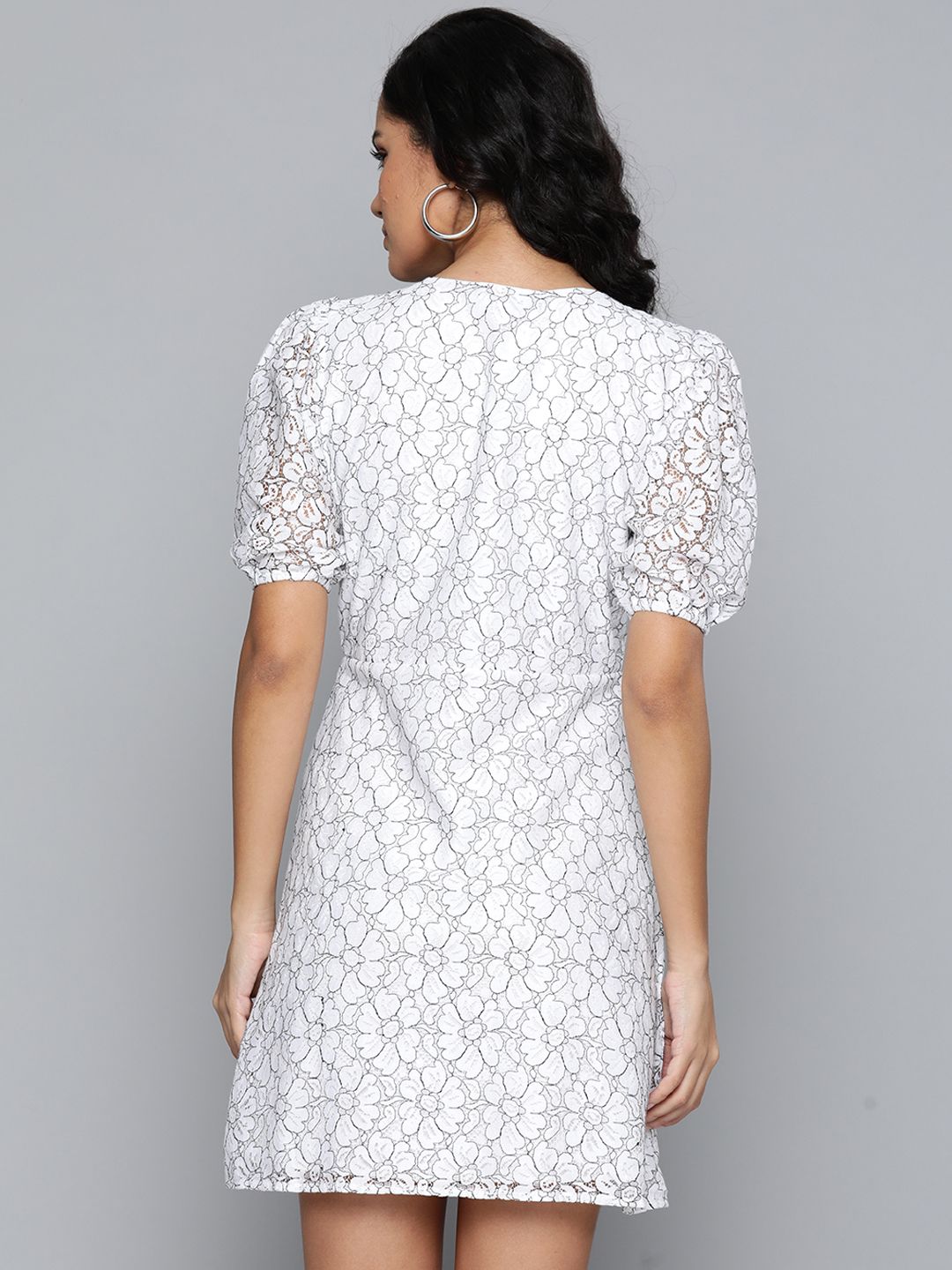 SASSAFRAS Women White & Black Floral Lace A-Line Dress