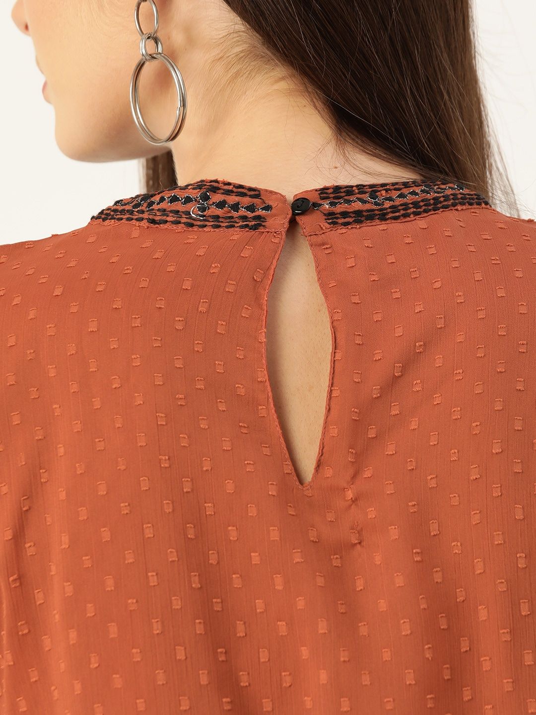 Antheaa Women Rust Brown & Black Embroidered Dobby Weave A-Line Top