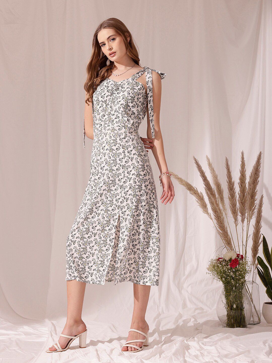 STREET 9 Shoulder Straps Floral Print Crepe Midi Dress