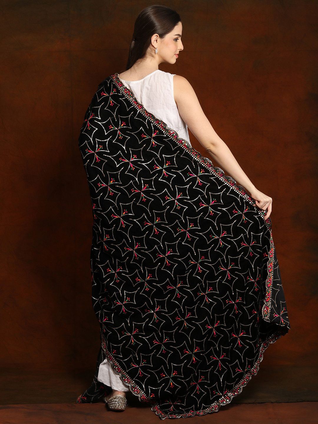 Exotic India Caviar Black Velvet Dupatta with Zari and Sequinned Diamond Pattern