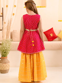 pspeaches Girls Bandhani Printed Kurta & Striped Skirt with Ethnic Belt