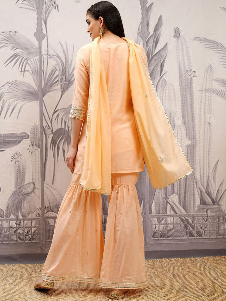 Vishudh Peach Coloured Floral Embroidered Pure Cotton Straight Kurta & Sharara & Dupatta