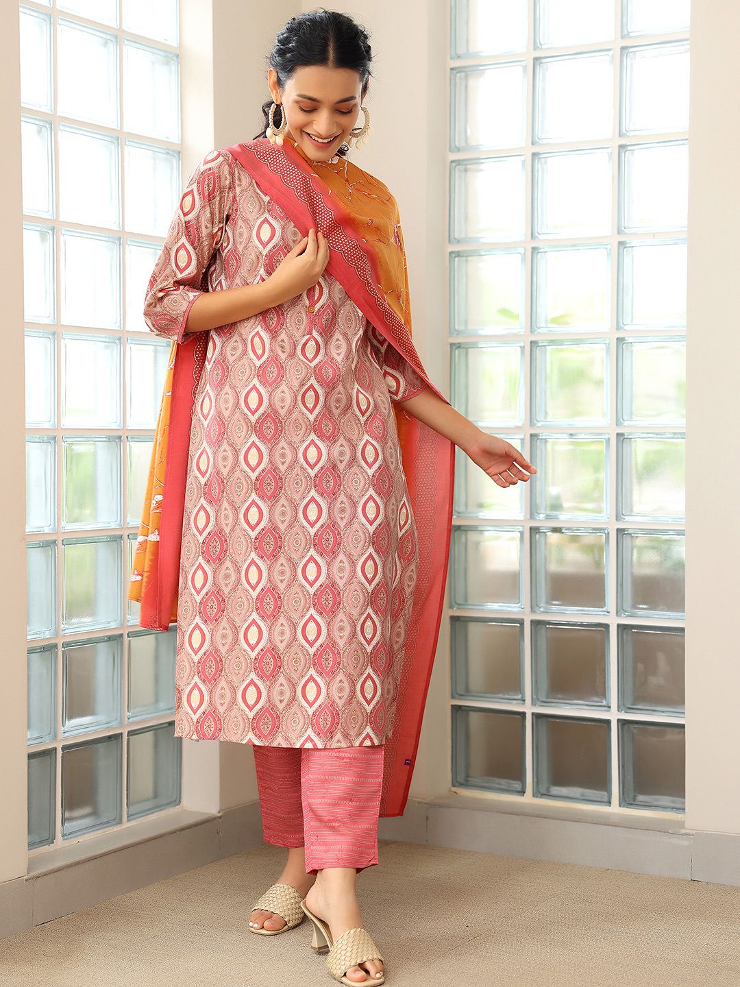 Libas Ethnic Motifs Printed Regular Notch Neck Kurta with Trousers & Dupatta