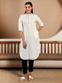 W Floral Embroidered Mandarin Collar Cotton Regular Kurta