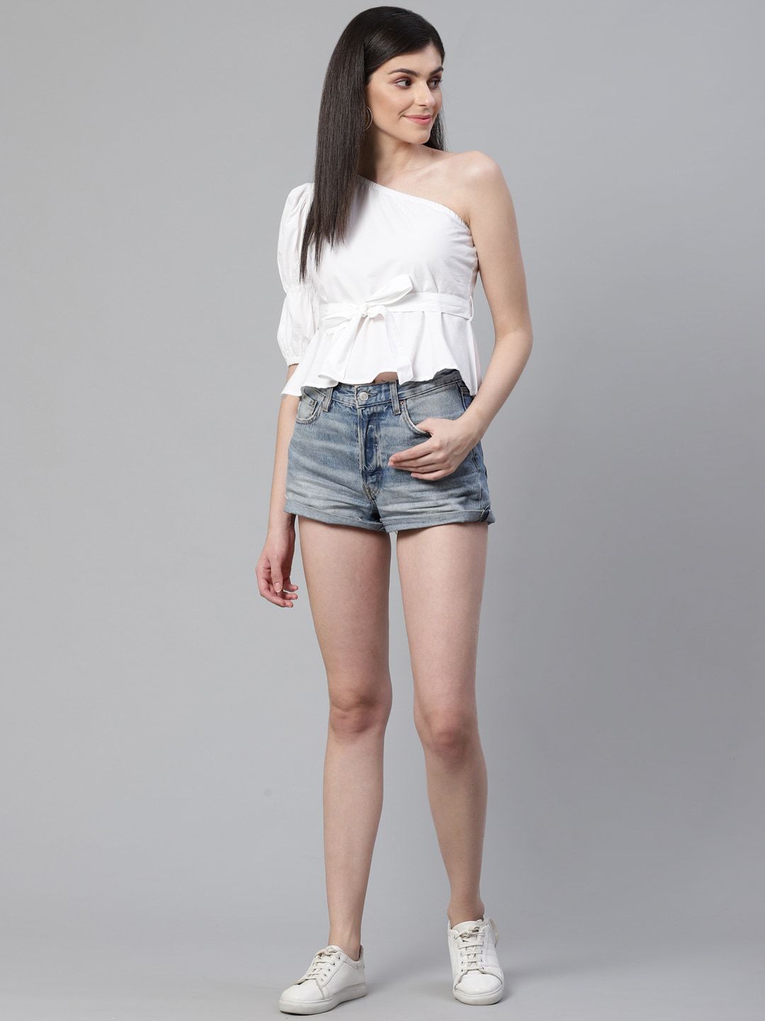 STREET 9 White One Shoulder Cinched Waist Pure Cotton Top