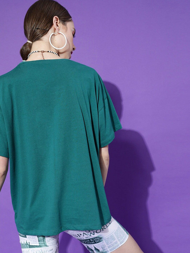 STREET 9 Women Green Typography Drop-Shoulder Pure Cotton T-shirt