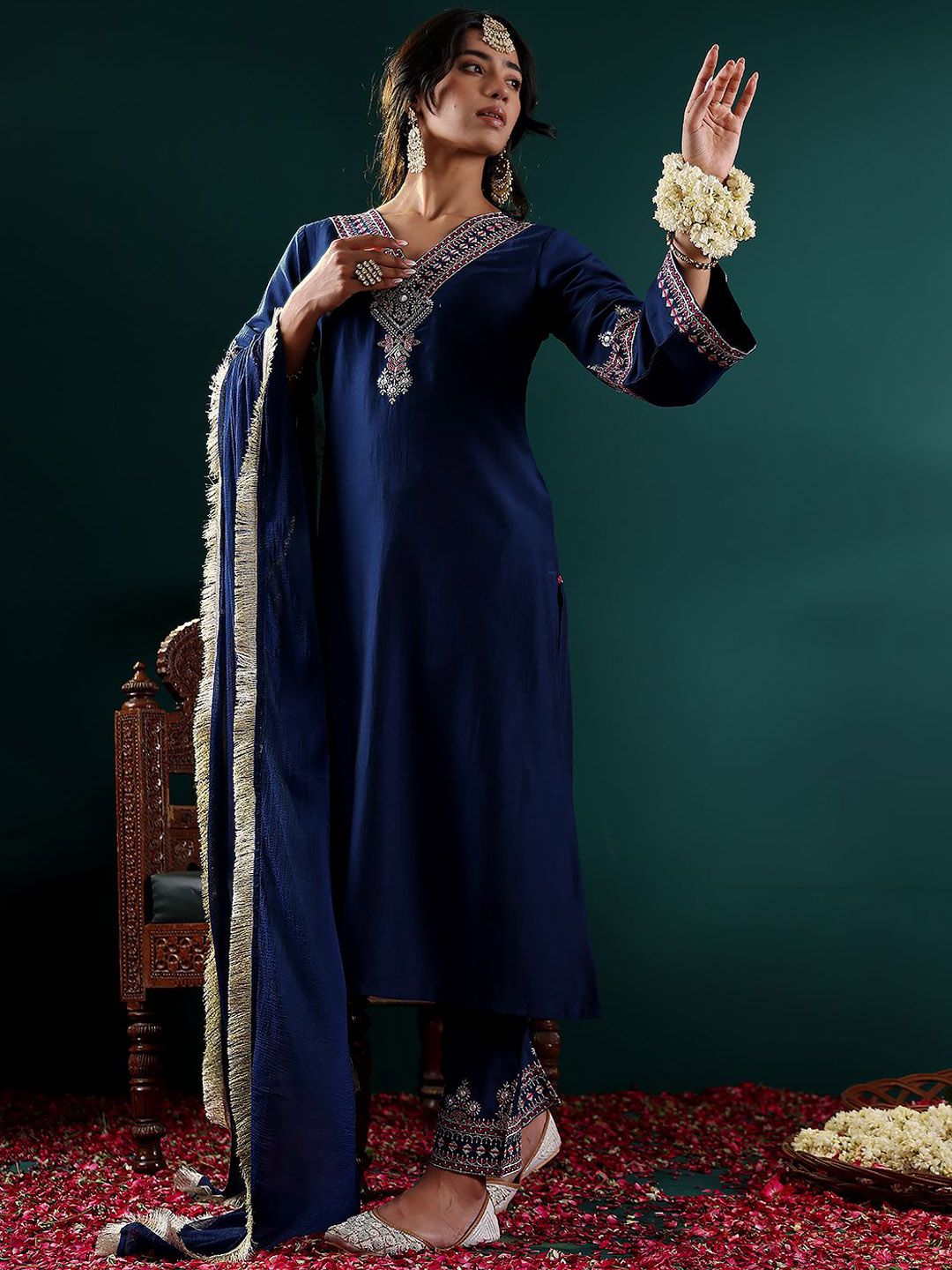 Varanga Women Ethnic Motifs Embroidered Kurta with Embroidered Trousers & With Dupatta