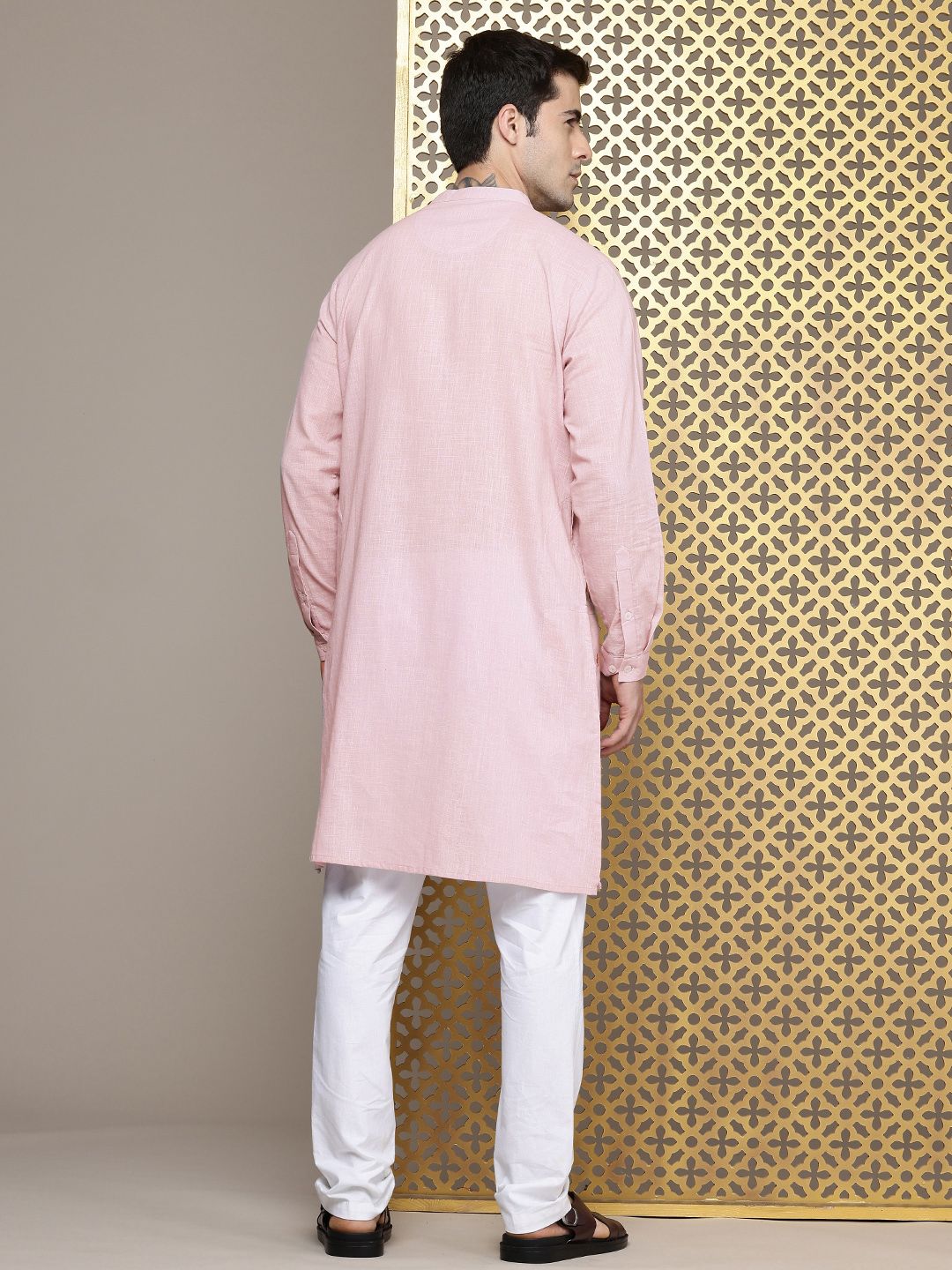 House of Pataudi Floral Embroidered Band Collar Pure Cotton Jashn Kurta