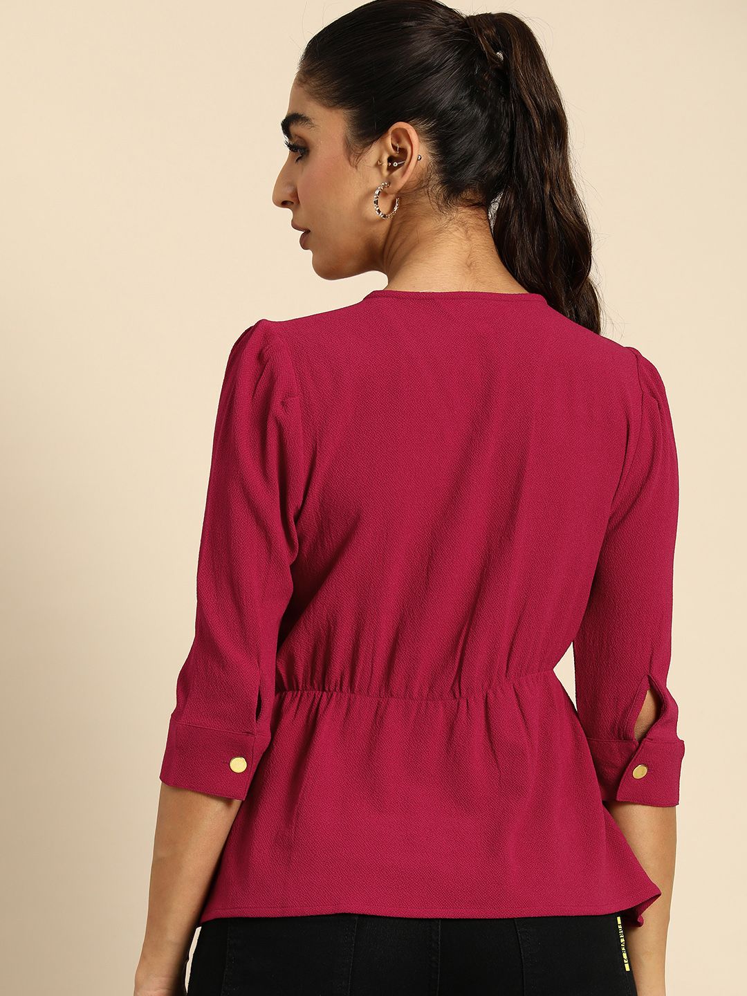 all about you V-Neck A-Line Solid Top With Gathers Detailing