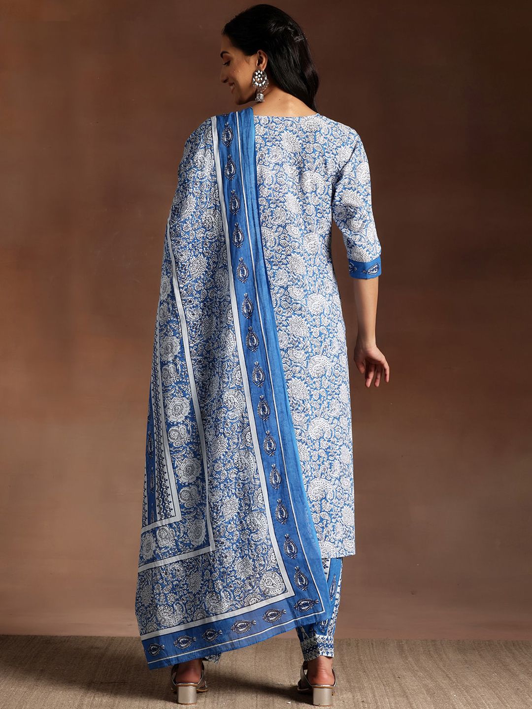 Libas Blue Floral Printed Round Neck Pure Cotton Straight Kurta With Salwar & Dupatta