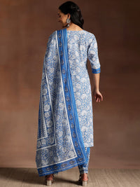 Libas Blue Floral Printed Round Neck Pure Cotton Straight Kurta With Salwar & Dupatta