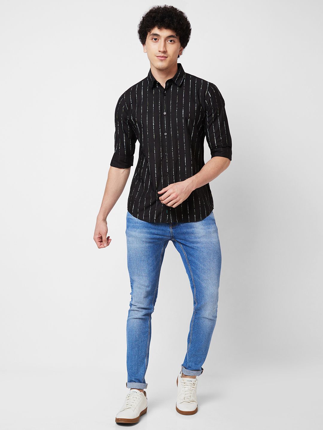 SPYKAR Baju Kasual Kolar Spread Belang Menegak Kapas