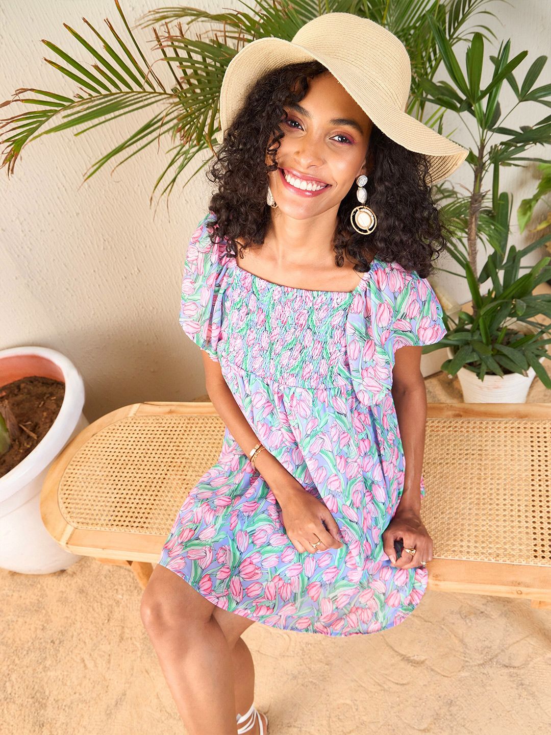 SASSAFRAS Floral Printed Flutter Sleeve Smocked Georgette A-Line Dress