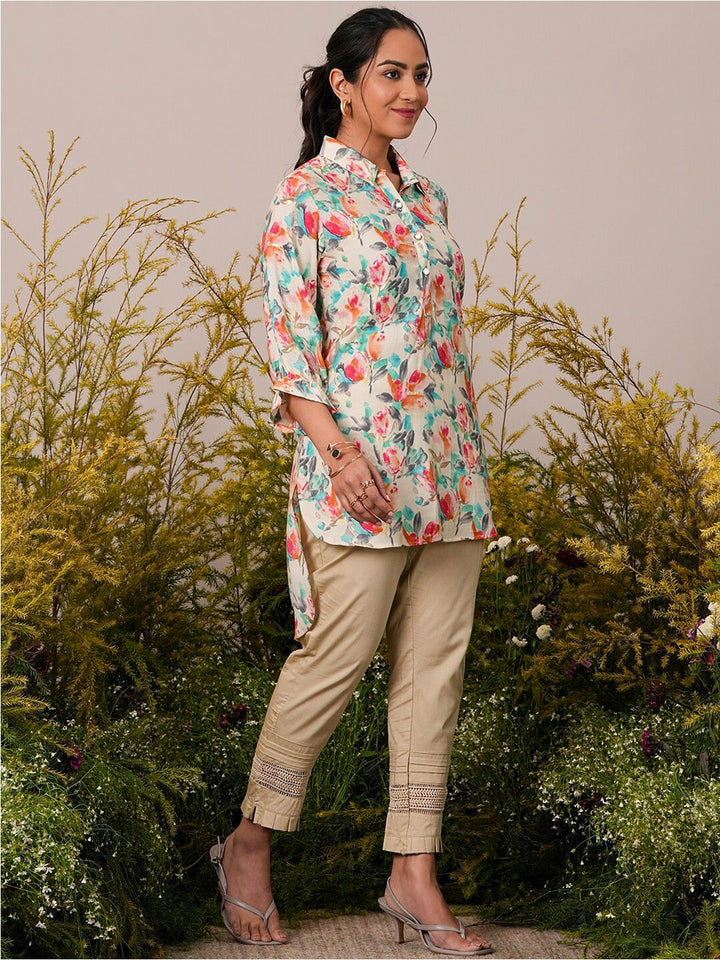 Libas Floral Printed Floral Shirt Collar Three-Quarter Sleeves Pathani Kurta