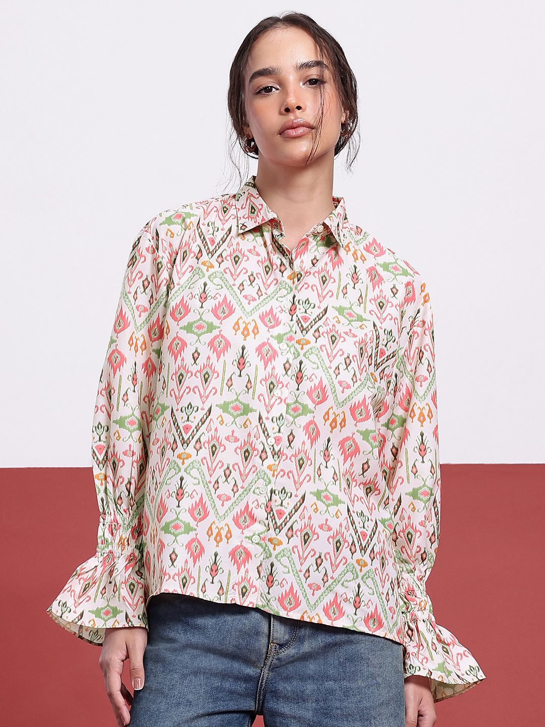 DressBerry Ikat Edge Printed Shirt Style Top