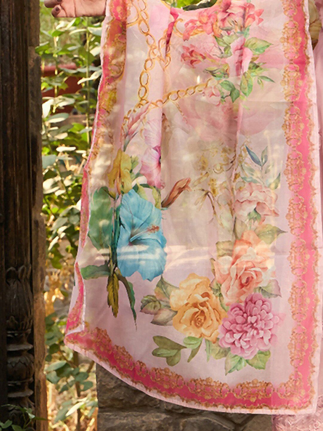 Indo Era V Neck Floral Embroidered Panelled A Line Kurta with Trouser & Dupatta