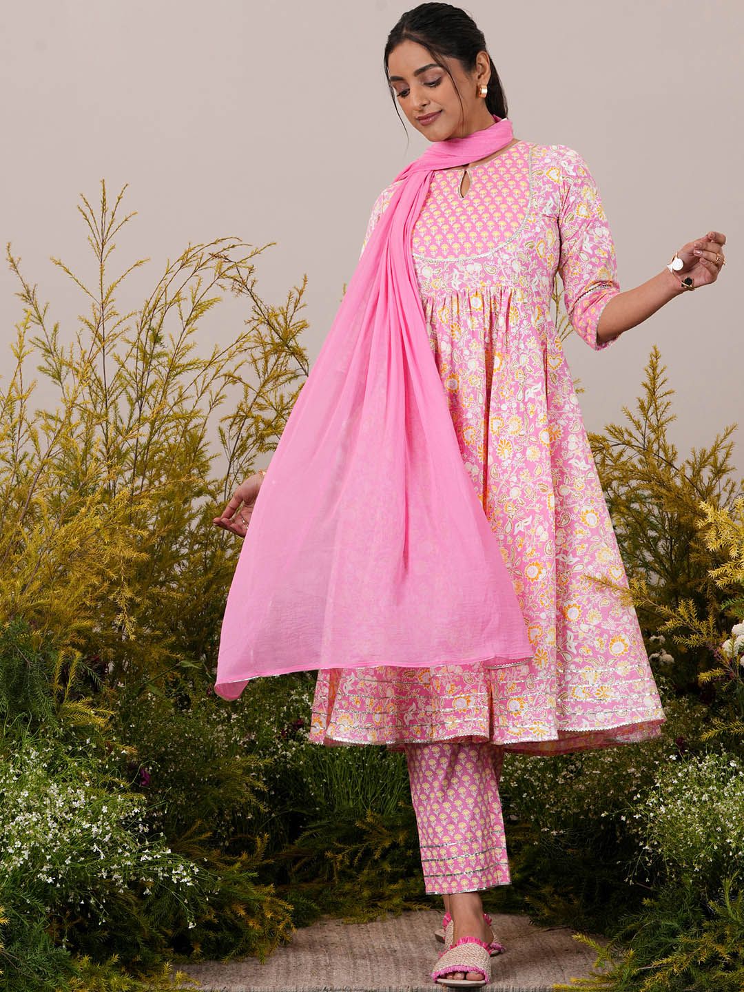 Libas Floral Yoke Design Pleated Gotta Patti Pure Cotton Kurta with Trousers & Dupatta