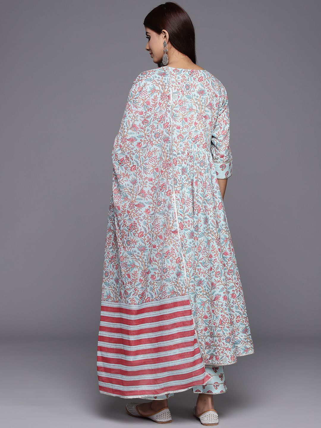 Libas Women Floral Printed Pleated Gotta Patti Pure Cotton Kurta with Trousers & Dupatta