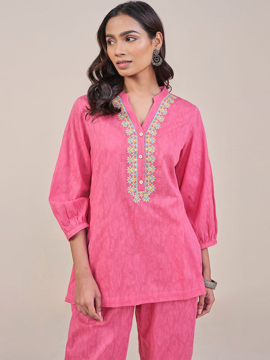 Global Desi Abstract Printed Thread Work Mandarin Collar Pure Cotton Top With Trouser