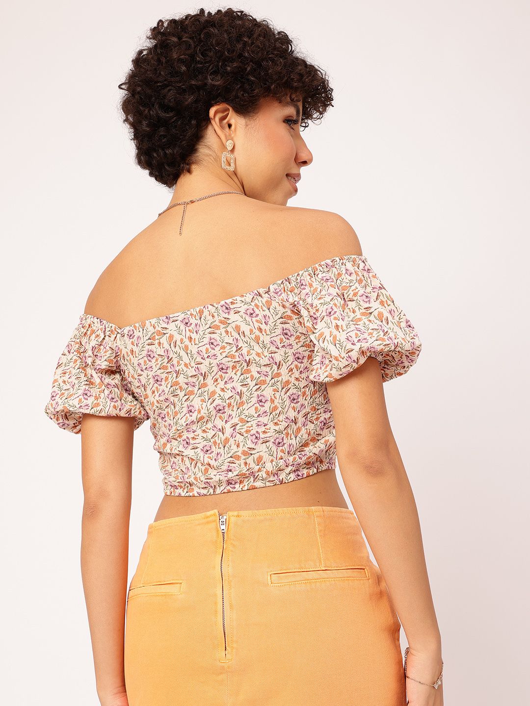 DressBerry Retro Revival Floral Print Off-Shoulder Puff Sleeve Bardot Crop Top