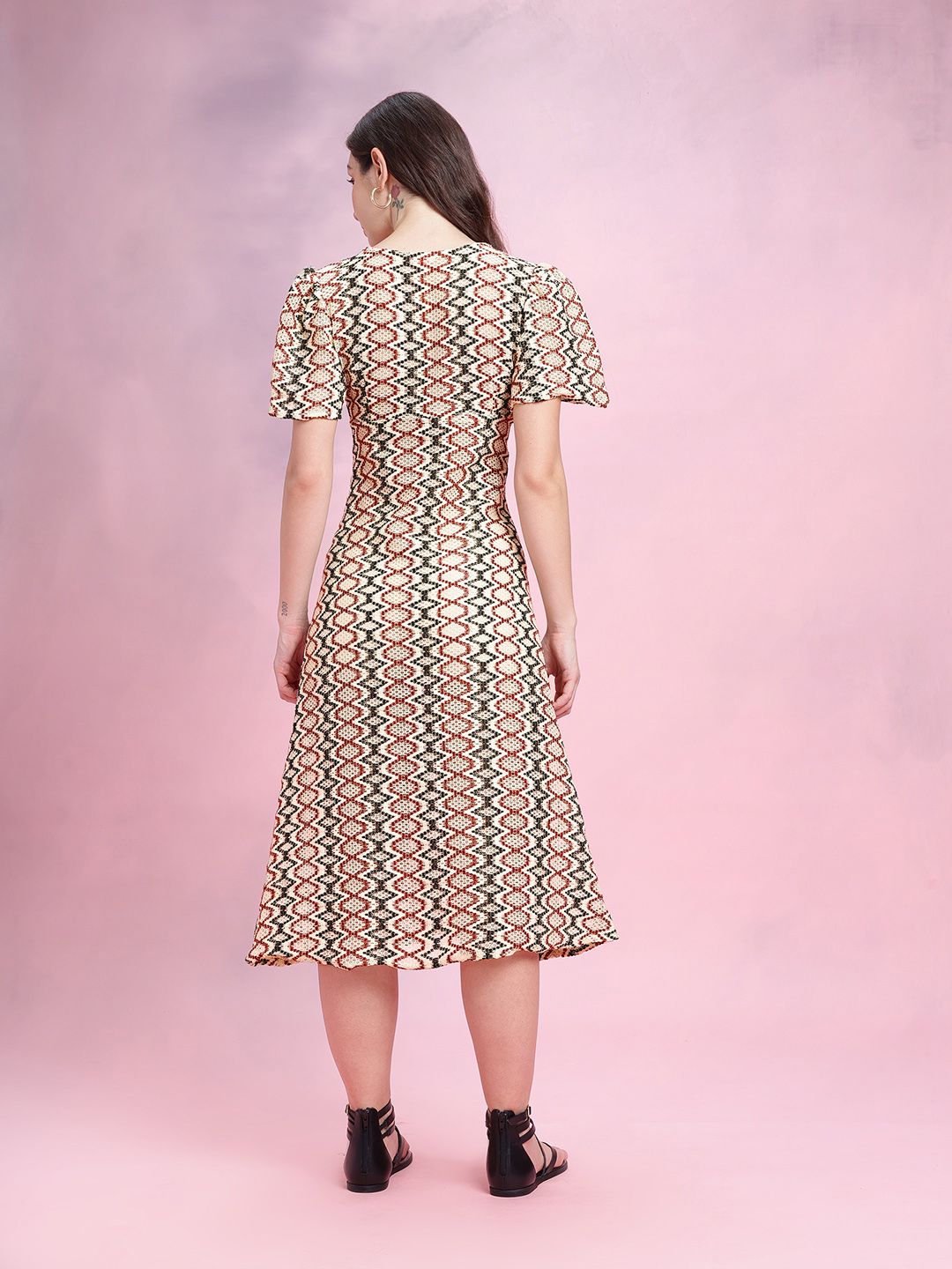 DressBerry Flared Sleeve Crochet A-Line Midi Dress