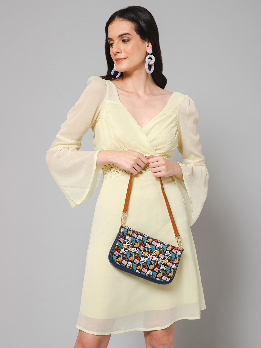 Berrylush Navy Blue Floral Printed Handheld Bag