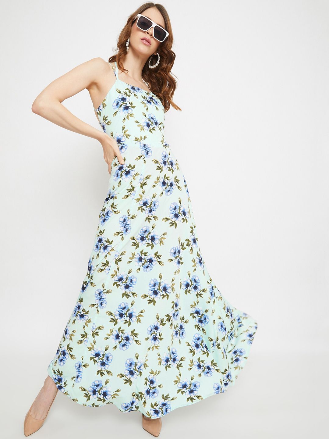 Berrylush Women Green Floral Crepe Maxi Dress