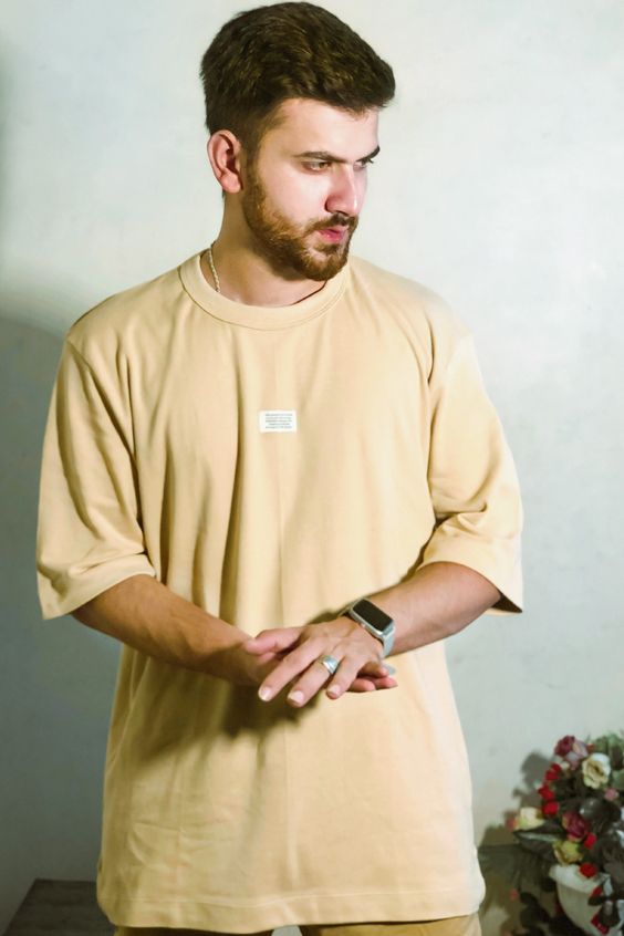 Mr Bowerbird Men Beige Pure Cotton Philosophy Crew Neck Oversized Pure Cotton T-shirt