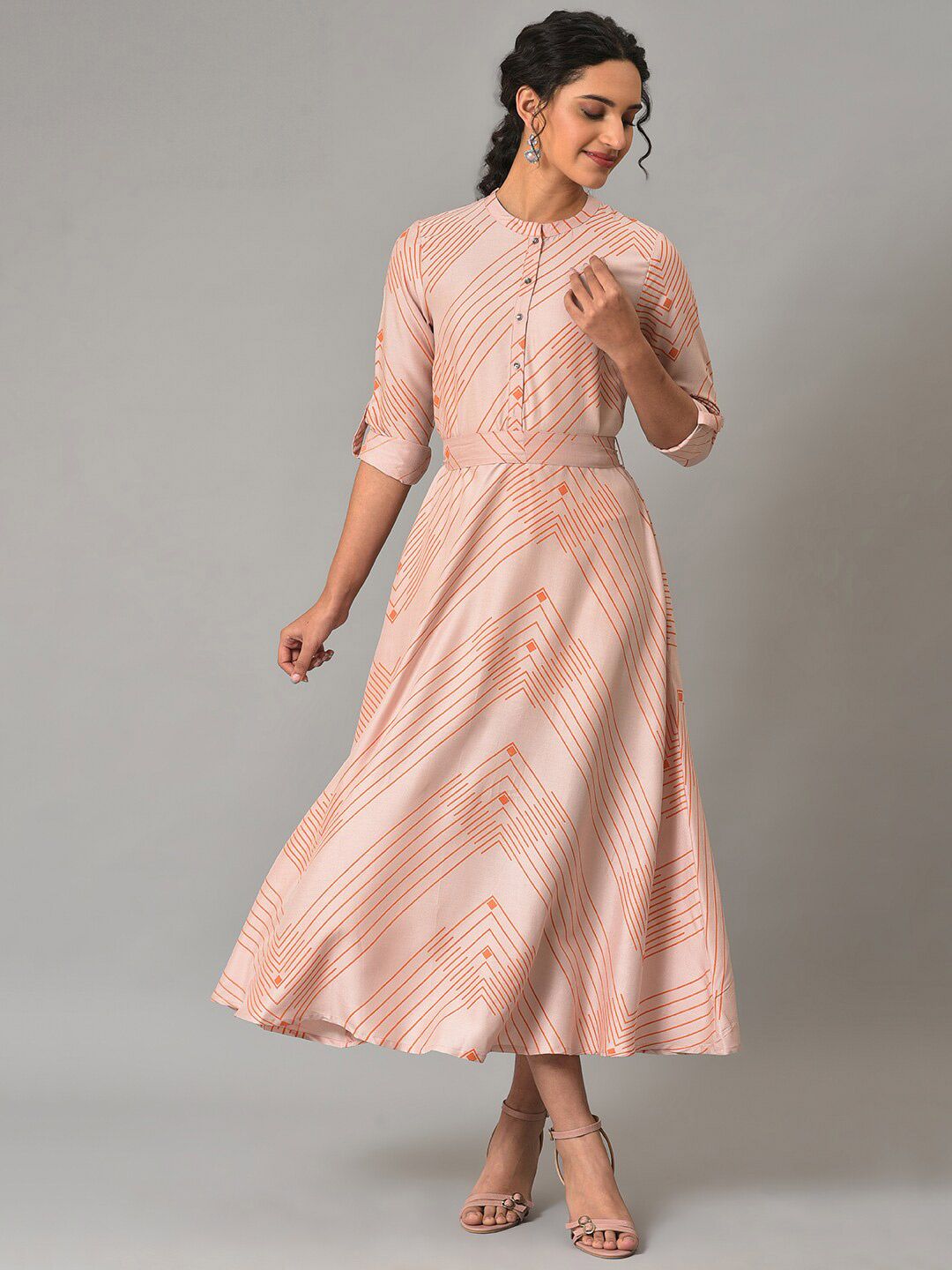 W Mandarin Collar Striped A-Line Midi Dress