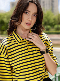 STREET 9 Yellow Striped Polo Collar Pure Cotton T-shirt