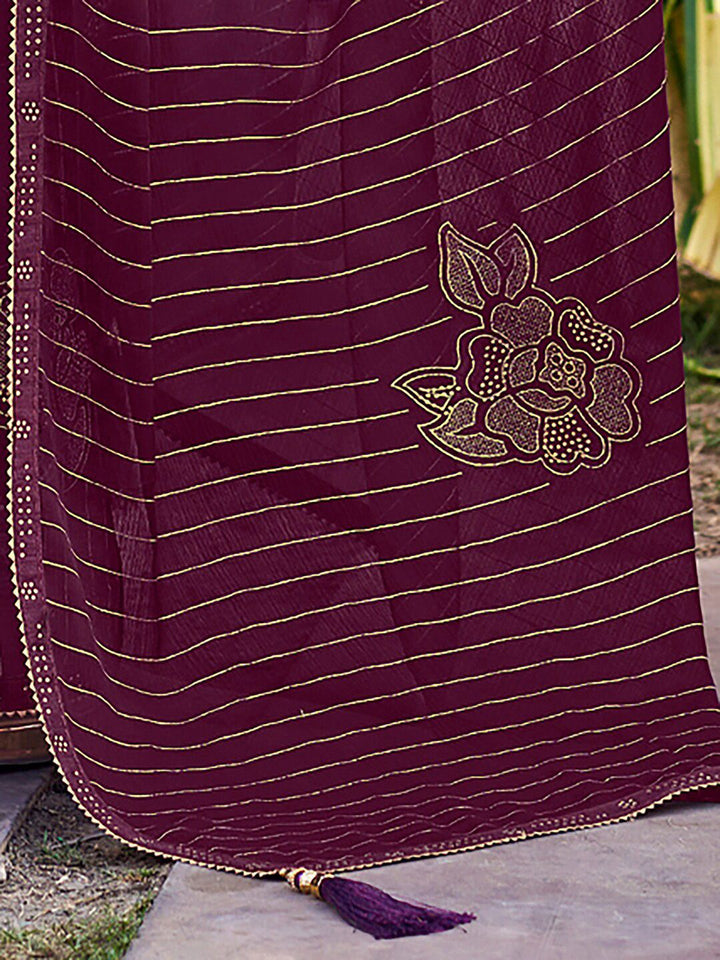 Saree mall Striped Embellished Beads and Stones Poly Georgette Saree