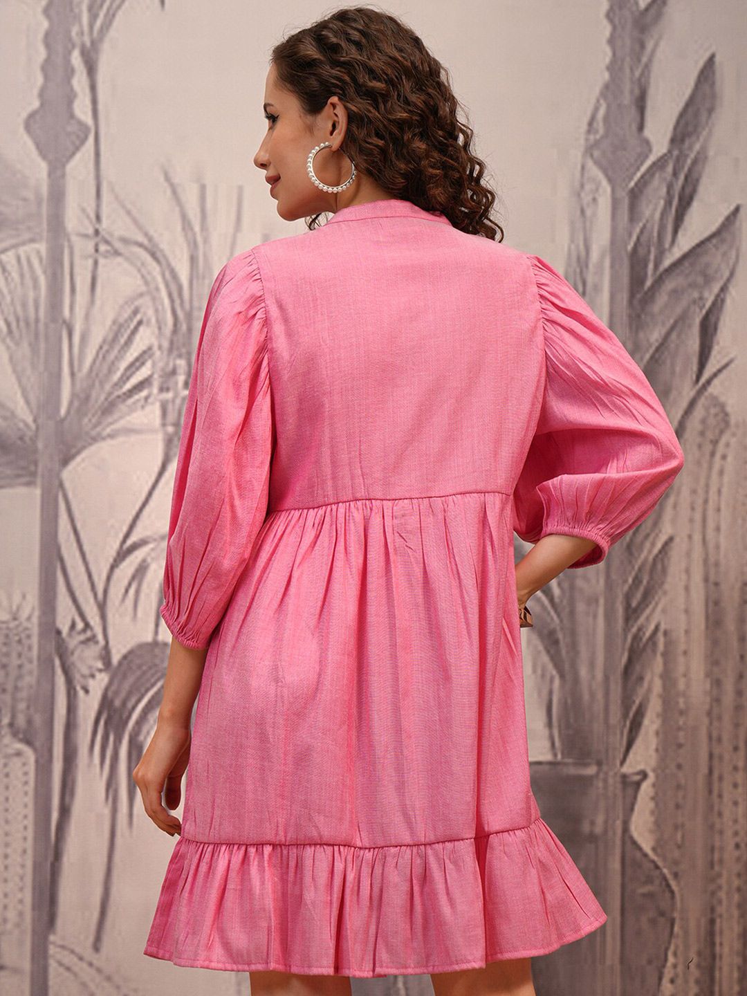 Vishudh Pink Tie-Up Neck Puff Sleeves A-Line Dress