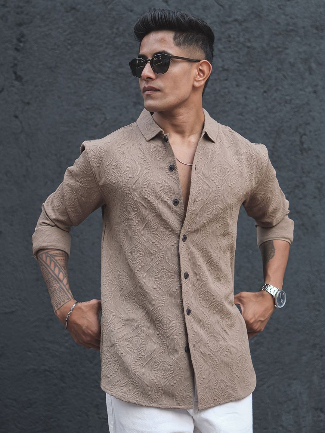 Powerlook India Slim Floral Self Design Spread Collar Casual Shirt