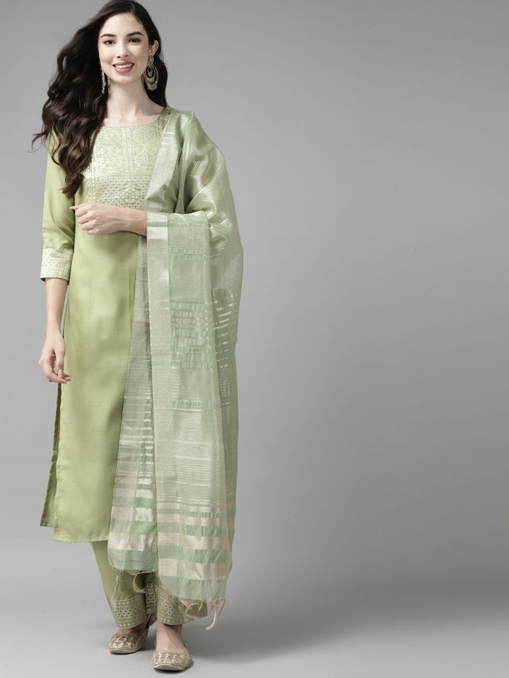 Indo Era Women Green Yoke Design Regular Kurta with Palazzos & Dupatta