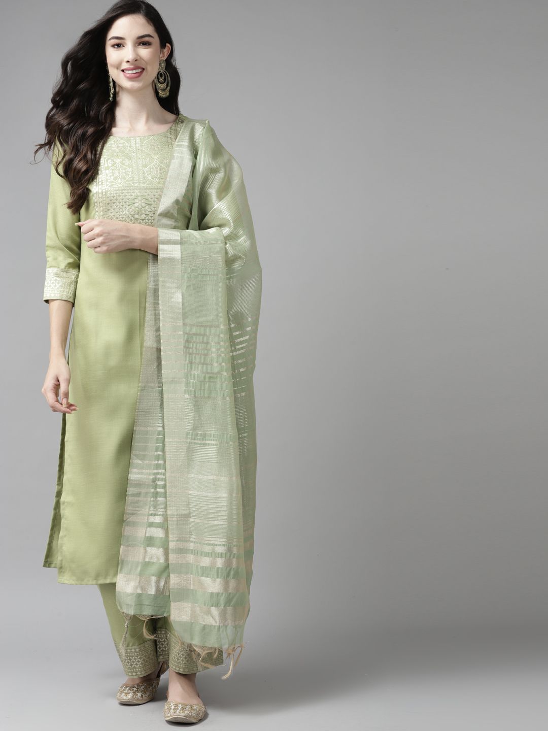Indo Era Women Green Yoke Design Regular Kurta with Palazzos & Dupatta