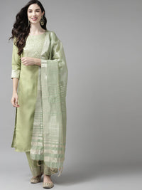 Indo Era Women Green Yoke Design Regular Kurta with Palazzos & Dupatta