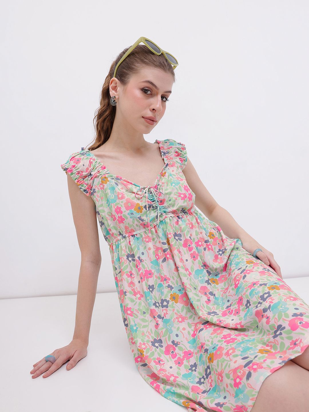 DressBerry Bloom With Style Floral Printed Ruched Detail A-line Dress