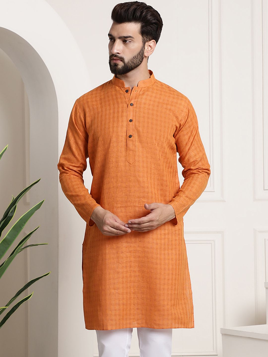 SOJANYA Men Orange Checked Straight Kurta
