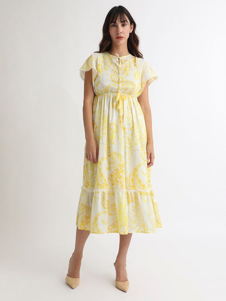 RAREISM Floral Printed Tie-Ups Detail Extended Sleeve Cotton Fit & Flare Midi Dress