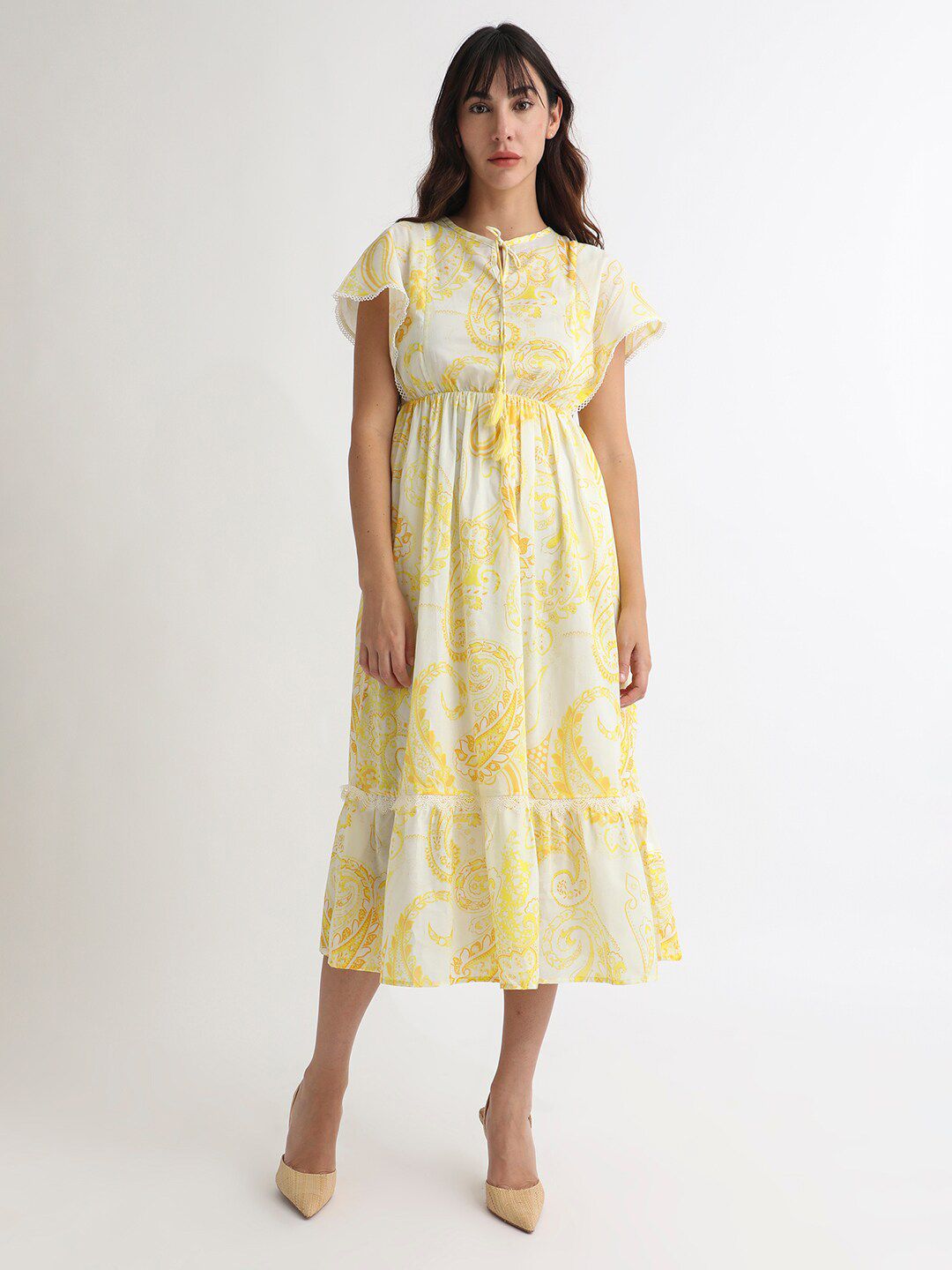 RAREISM Floral Printed Tie-Ups Detail Extended Sleeve Cotton Fit & Flare Midi Dress