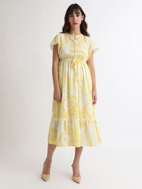 RAREISM Floral Printed Tie-Ups Detail Extended Sleeve Cotton Fit & Flare Midi Dress