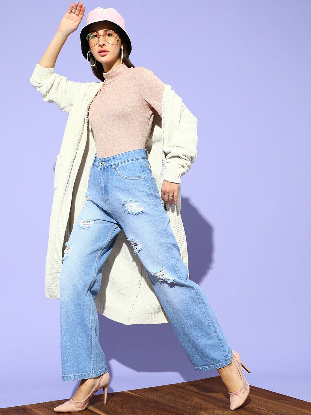 STREET 9 Women Blue Flared High-Rise Highly Distressed Heavy Fade Jeans