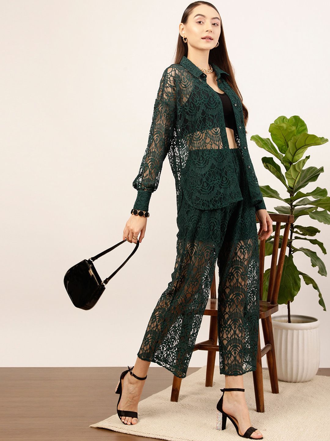 STREET 9 Women Green Floral Printed Relaxed Straight Fit High-Rise Parallel Laced Trousers