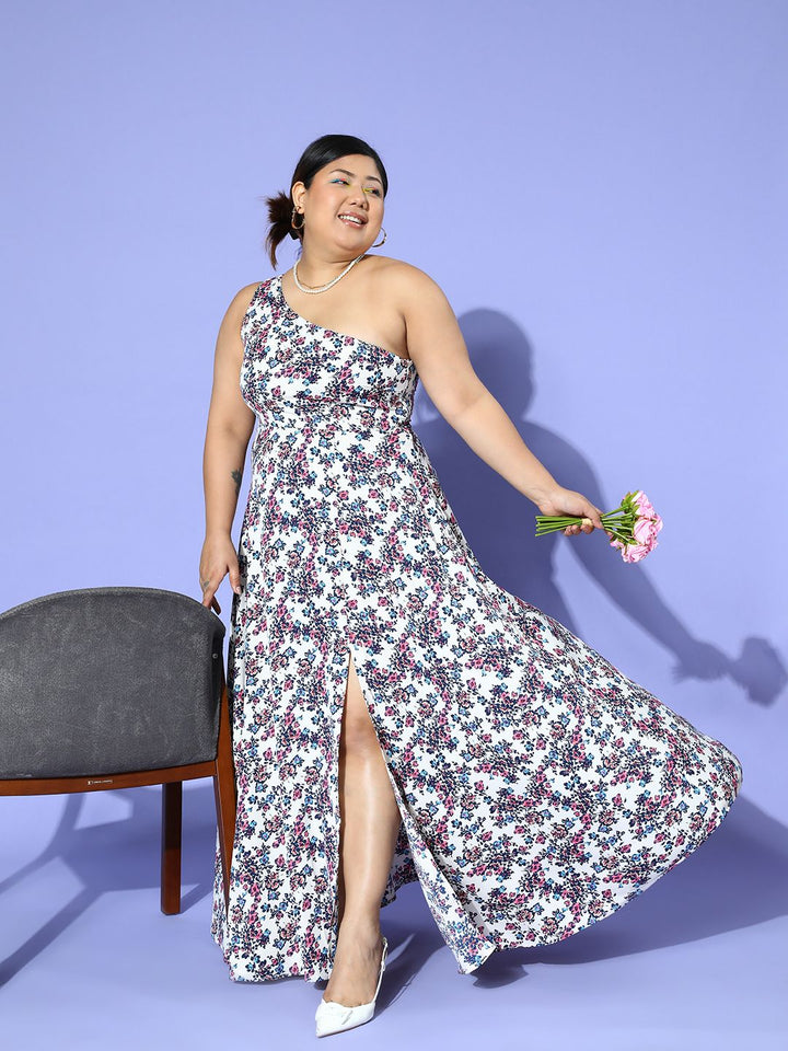 Berrylush Curve Floral Print One Shoulder Crepe Maxi Dress