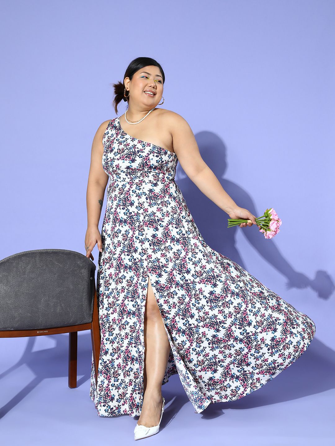 Berrylush Curve Floral Print One Shoulder Crepe Maxi Dress
