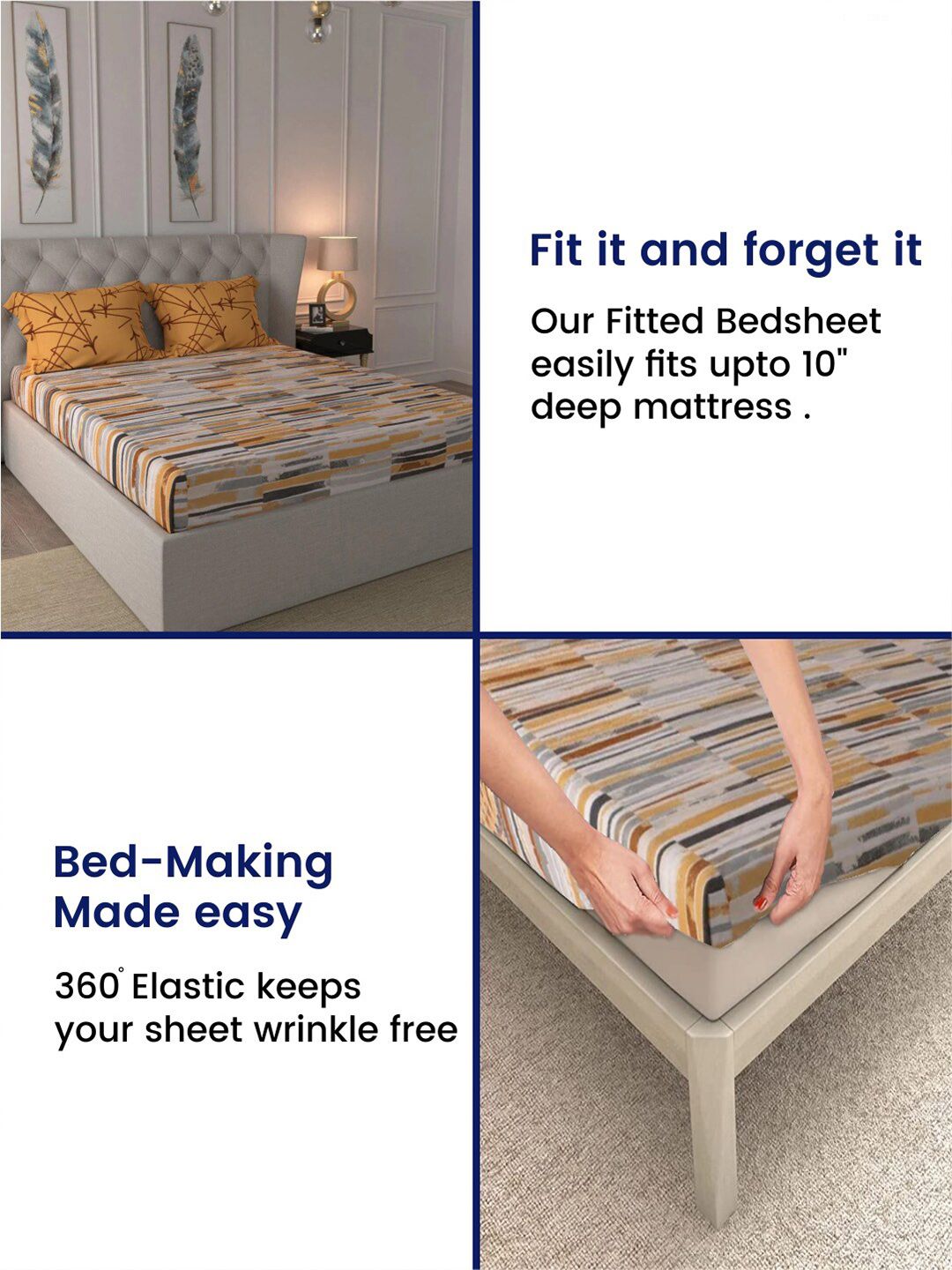 URBAN SPACE Striped 144 TC Cotton Fitted King Bedsheet with 2 Pillow Covers